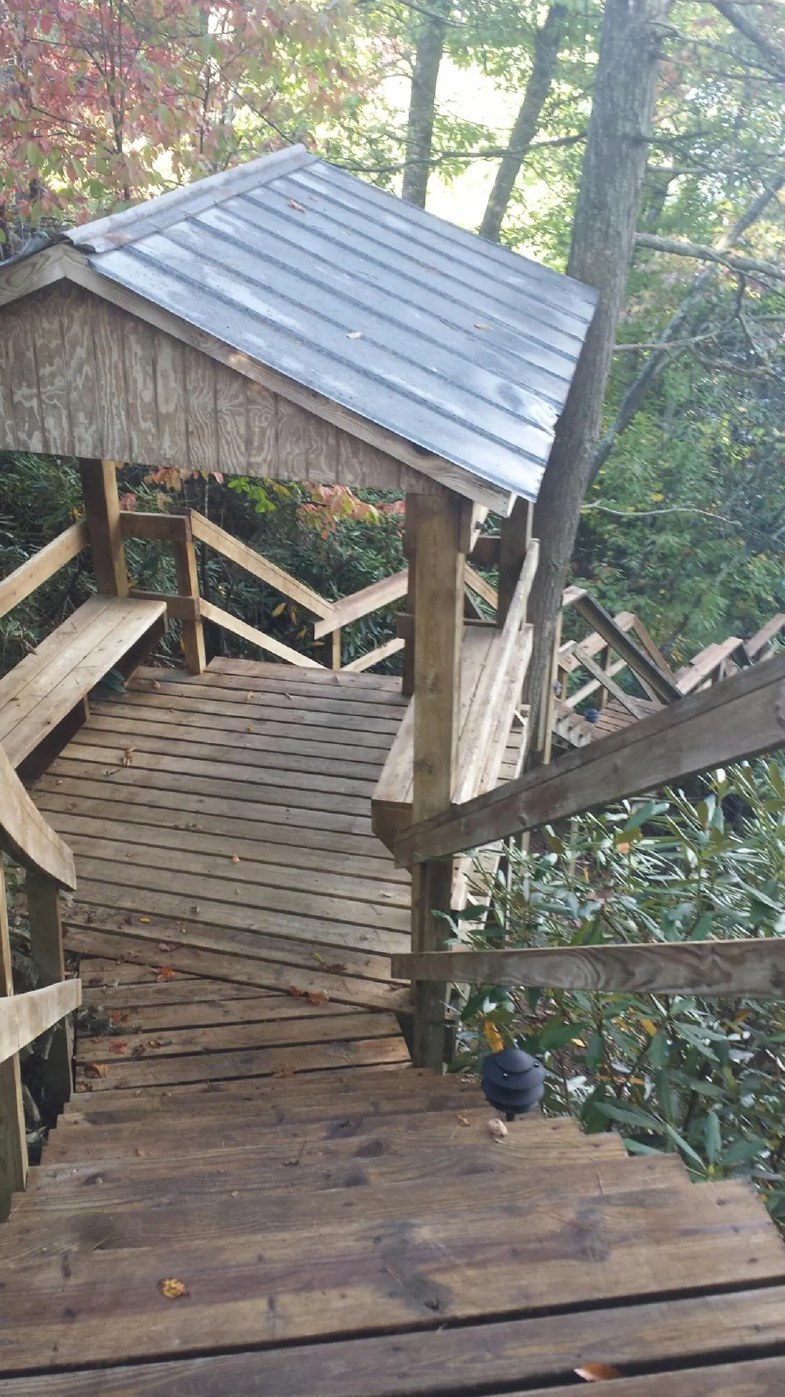 Metal roofed shelter over wooden steps on a wooded walkway — Skylight Repair & Installation work by our crew in Paradise Valley